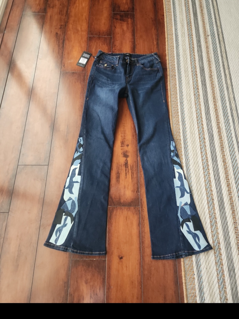 True Religion Dark Blue Flare Jeans with Patterned Side Panels